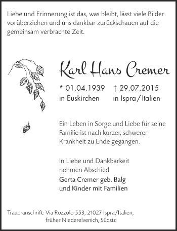 Anzeige von Karl Hans Cremer von  Blickpunkt Euskirchen 