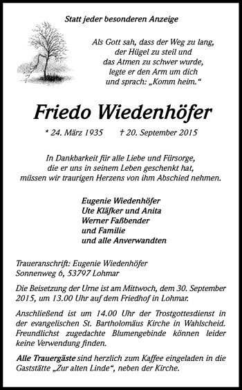 Anzeige von Friedo Wiedenhöfer von Kölner Stadt-Anzeiger / Kölnische Rundschau / Express