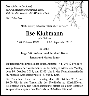 Anzeige von Ilse Klubmann von Kölner Stadt-Anzeiger / Kölnische Rundschau / Express