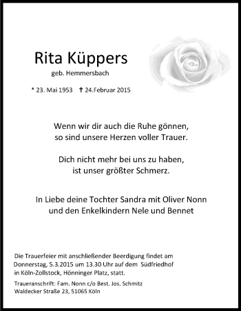 Anzeige von Rita Küppers von Kölner Stadt-Anzeiger / Kölnische Rundschau / Express