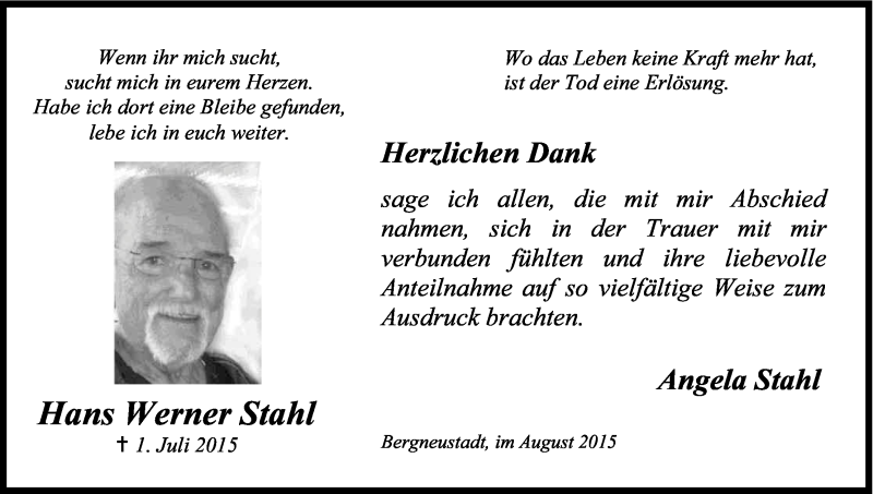  Traueranzeige für Hans Werner Stahl vom 01.08.2015 aus Kölner Stadt-Anzeiger / Kölnische Rundschau / Express