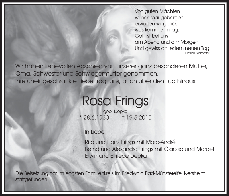  Traueranzeige für Rosa Frings vom 01.07.2015 aus  Werbepost 