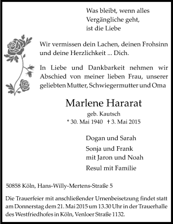 Anzeige von Marlene Hararat von Kölner Stadt-Anzeiger / Kölnische Rundschau / Express