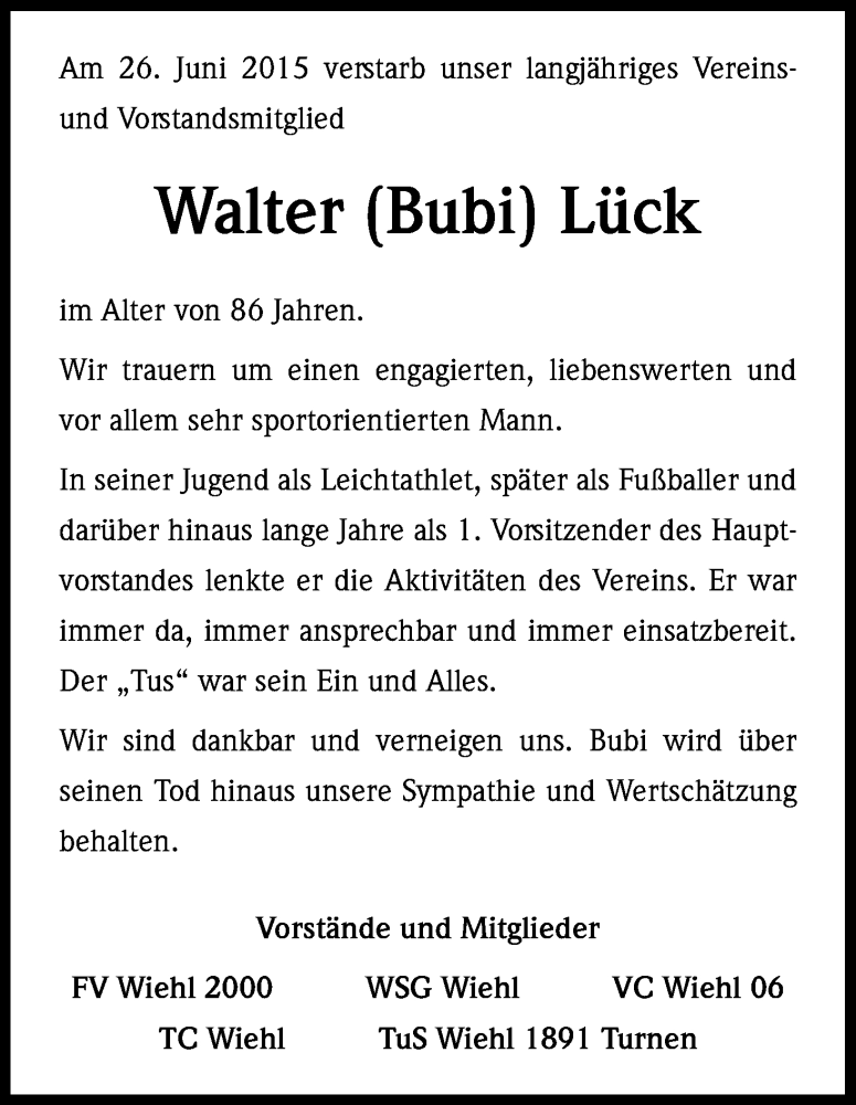  Traueranzeige für Walter Lück vom 03.07.2015 aus Kölner Stadt-Anzeiger / Kölnische Rundschau / Express