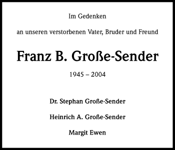 Anzeige von Franz B. Große-Sender von Kölner Stadt-Anzeiger / Kölnische Rundschau / Express