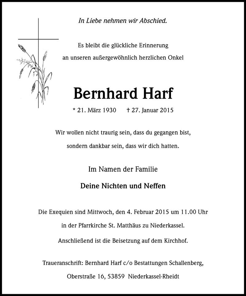  Traueranzeige für Bernhard Harf vom 31.01.2015 aus Kölner Stadt-Anzeiger / Kölnische Rundschau / Express