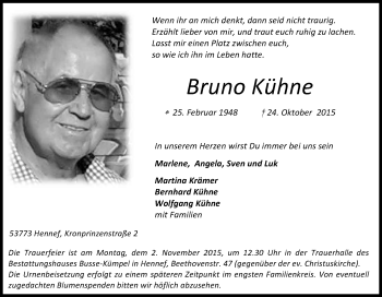 Anzeige von Bruno Kühne von Kölner Stadt-Anzeiger / Kölnische Rundschau / Express