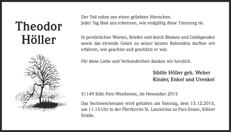  Traueranzeige für Theodor Höller vom 25.11.2015 aus  Kölner Wochenspiegel 