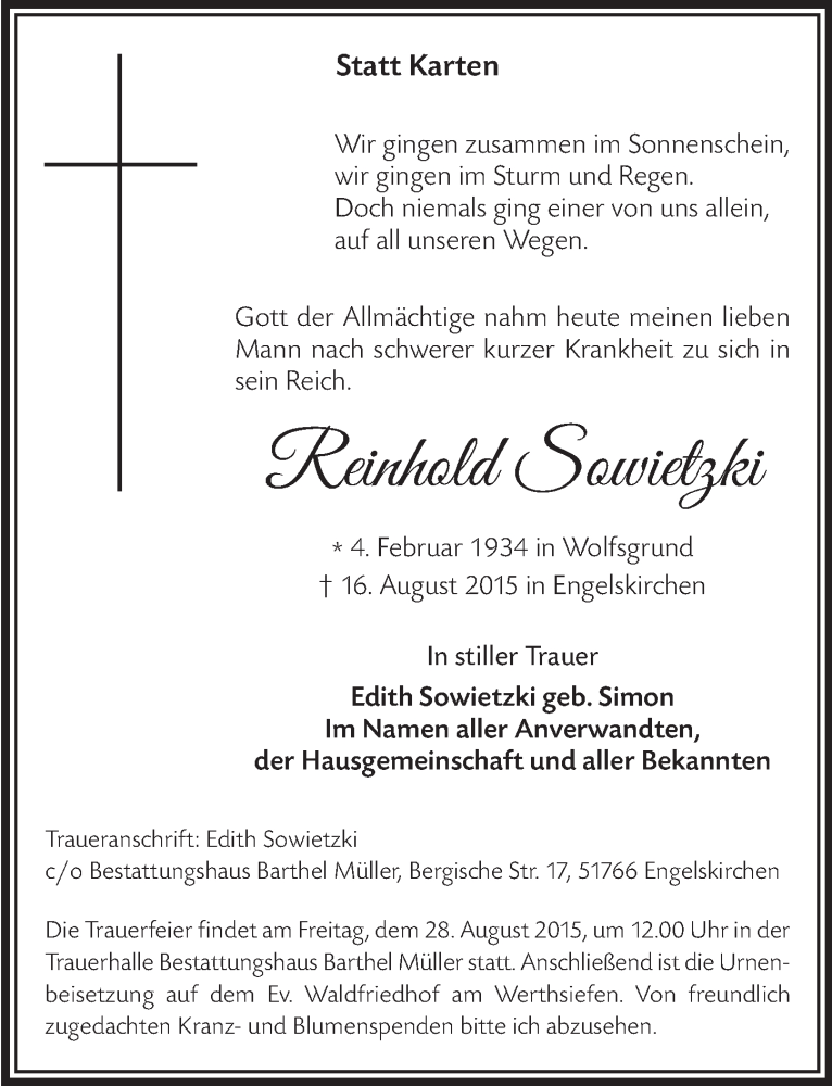  Traueranzeige für Reinhold Sowietzki vom 26.08.2015 aus  Anzeigen Echo 