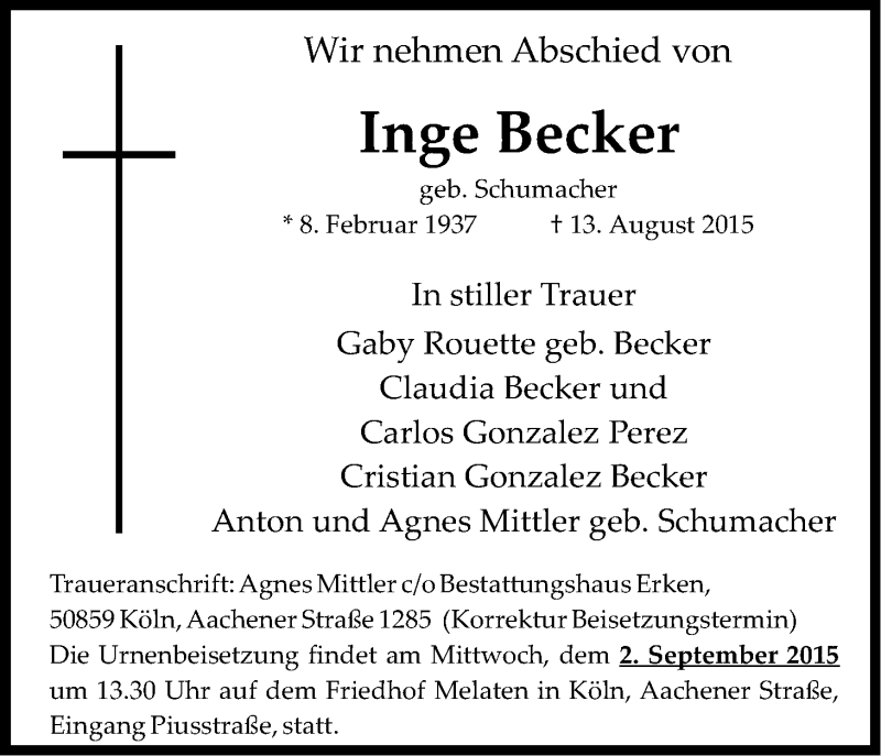  Traueranzeige für Inge Becker vom 31.08.2015 aus Kölner Stadt-Anzeiger / Kölnische Rundschau / Express