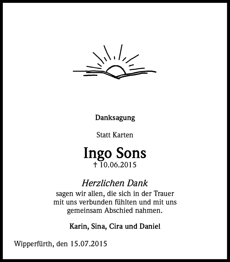  Traueranzeige für Ingo Sons vom 15.07.2015 aus Kölner Stadt-Anzeiger / Kölnische Rundschau / Express