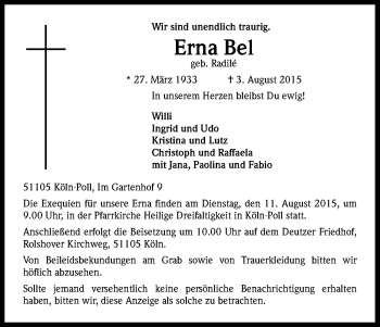 Anzeige von Erna Bel von Kölner Stadt-Anzeiger / Kölnische Rundschau / Express