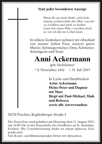 Anzeige von Anni Ackermann von  Wochenende 
