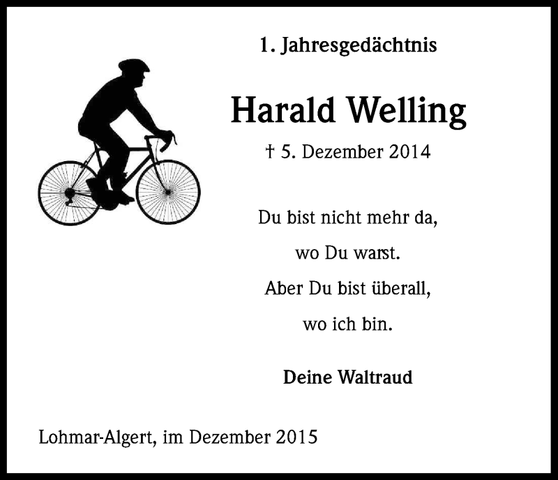  Traueranzeige für Harald Welling vom 05.12.2015 aus Kölner Stadt-Anzeiger / Kölnische Rundschau / Express
