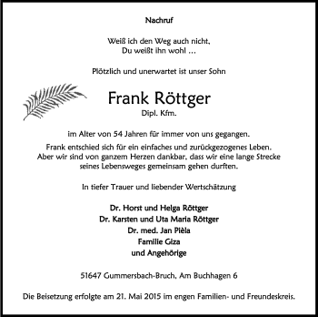 Anzeige von Frank Röttger von Kölner Stadt-Anzeiger / Kölnische Rundschau / Express