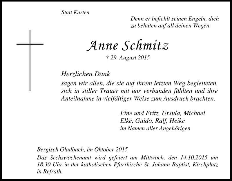 Traueranzeige für Anne Schmitz vom 10.10.2015 aus Kölner Stadt-Anzeiger / Kölnische Rundschau / Express
