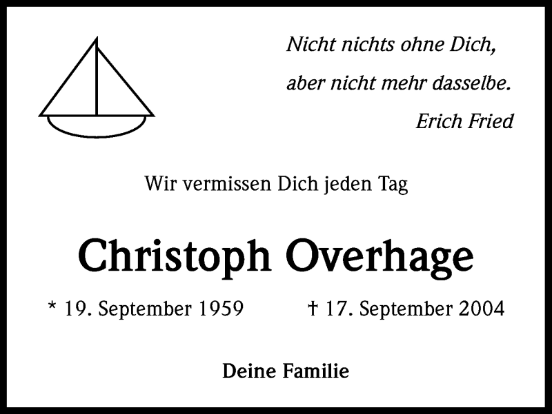  Traueranzeige für Christoph Overhage vom 19.09.2015 aus Kölner Stadt-Anzeiger / Kölnische Rundschau / Express