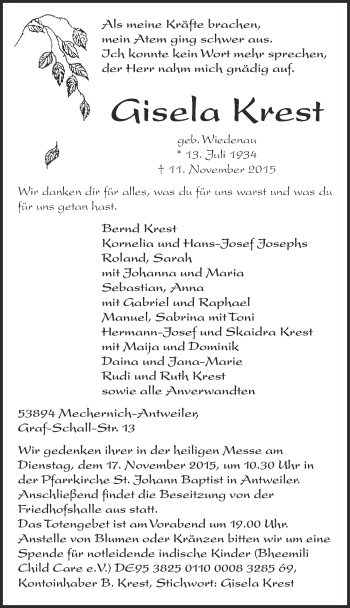 Anzeige von Gisela Krest von  Blickpunkt Euskirchen 