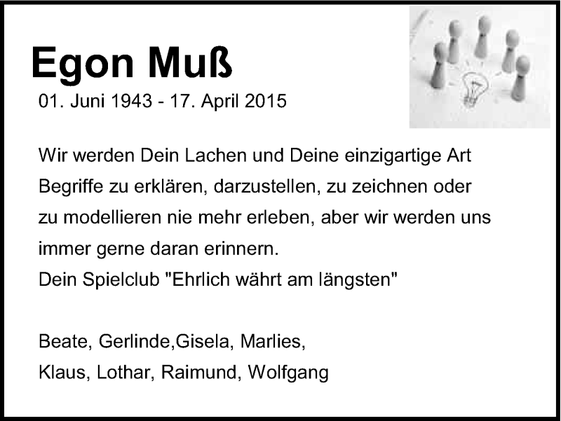  Traueranzeige für Egon Muß vom 24.04.2015 aus Kölner Stadt-Anzeiger / Kölnische Rundschau / Express
