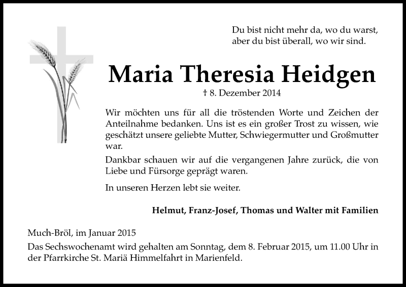  Traueranzeige für Maria Theresia Heidgen vom 17.01.2015 aus Kölner Stadt-Anzeiger / Kölnische Rundschau / Express