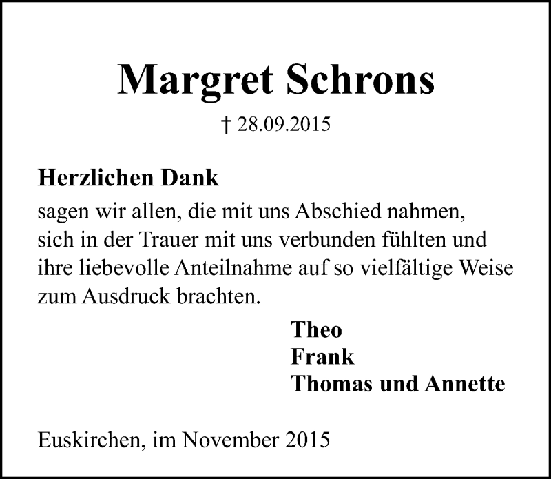  Traueranzeige für Margret Schrons vom 01.11.2015 aus  Blickpunkt Euskirchen 