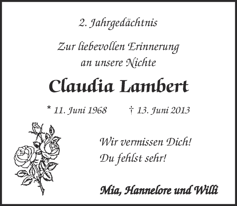  Traueranzeige für Claudia Lambert vom 10.06.2015 aus  Kölner Wochenspiegel 