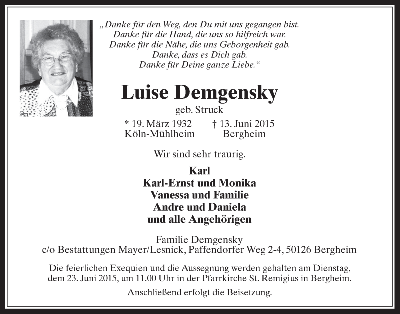  Traueranzeige für Luise Demgensky vom 17.06.2015 aus  Werbepost 