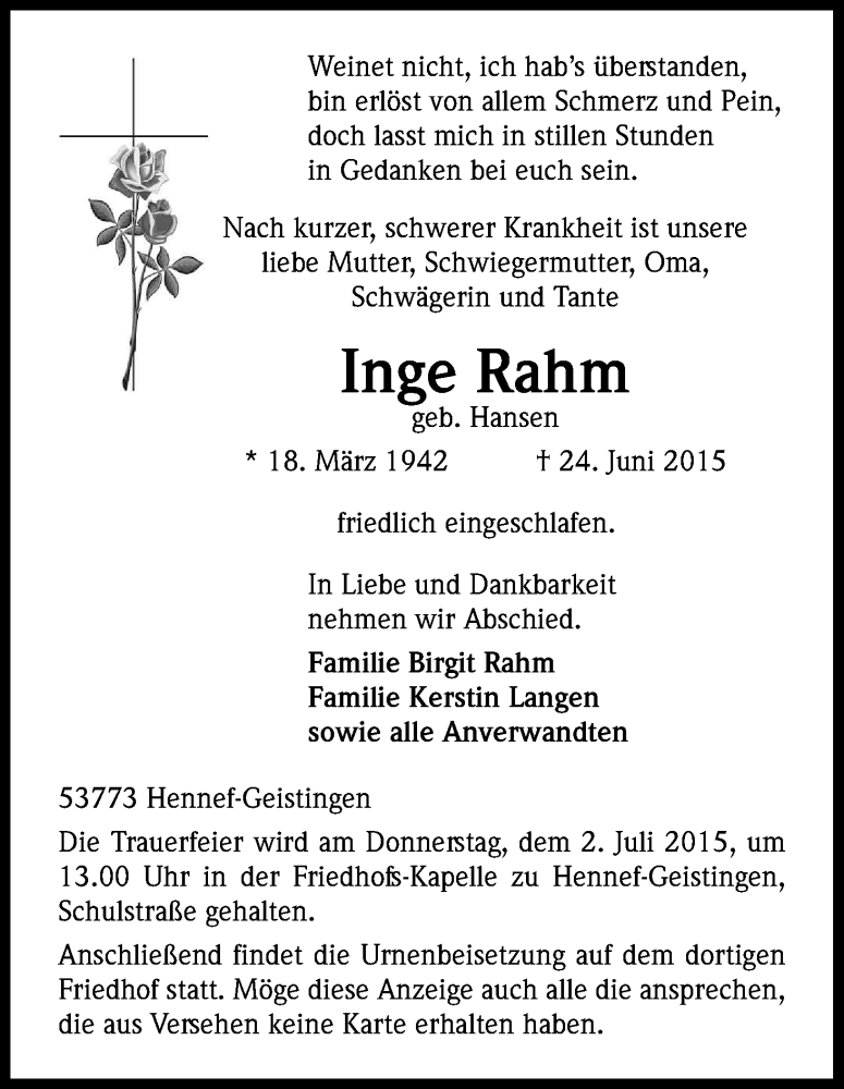  Traueranzeige für Inge Rahm vom 27.06.2015 aus Kölner Stadt-Anzeiger / Kölnische Rundschau / Express