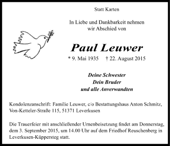 Anzeige von Paul Leuwer von Kölner Stadt-Anzeiger / Kölnische Rundschau / Express