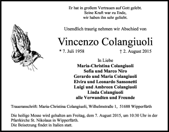 Anzeige von Vincenzo Colangiuoli von Kölner Stadt-Anzeiger / Kölnische Rundschau / Express