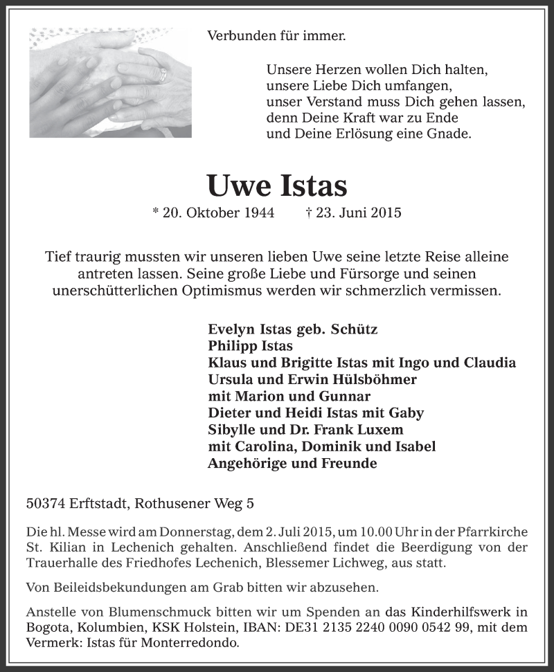  Traueranzeige für Uwe Istas vom 01.07.2015 aus  Werbepost 