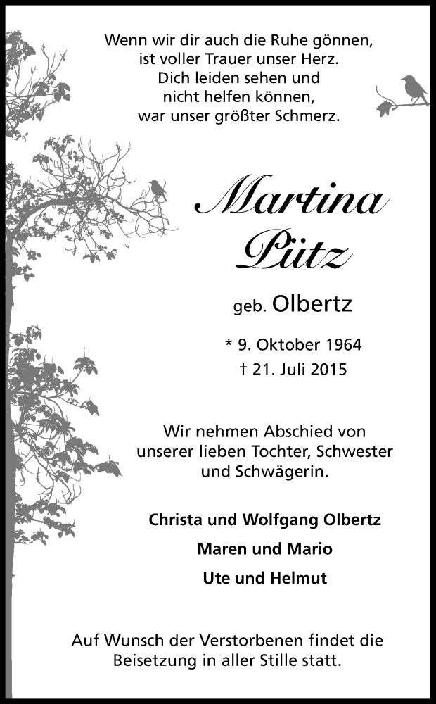  Traueranzeige für Martina Pütz vom 01.08.2015 aus Kölner Stadt-Anzeiger / Kölnische Rundschau / Express