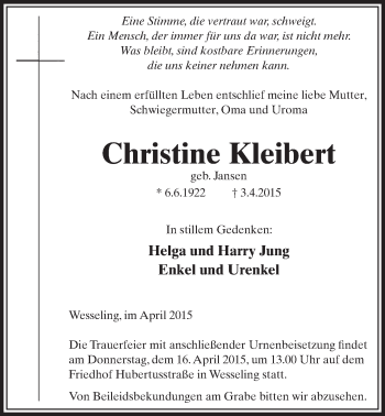 Anzeige von Christine Kleibert von  Schlossbote/Werbekurier 