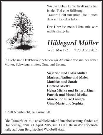 Anzeige von Hildegard Müller von  Lokalanzeiger 