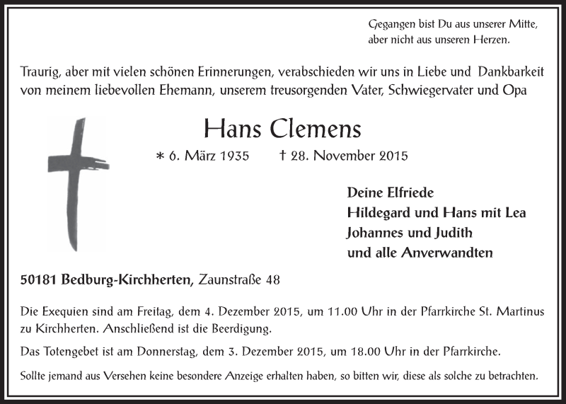  Traueranzeige für Hans Clemens vom 02.12.2015 aus  Werbepost 