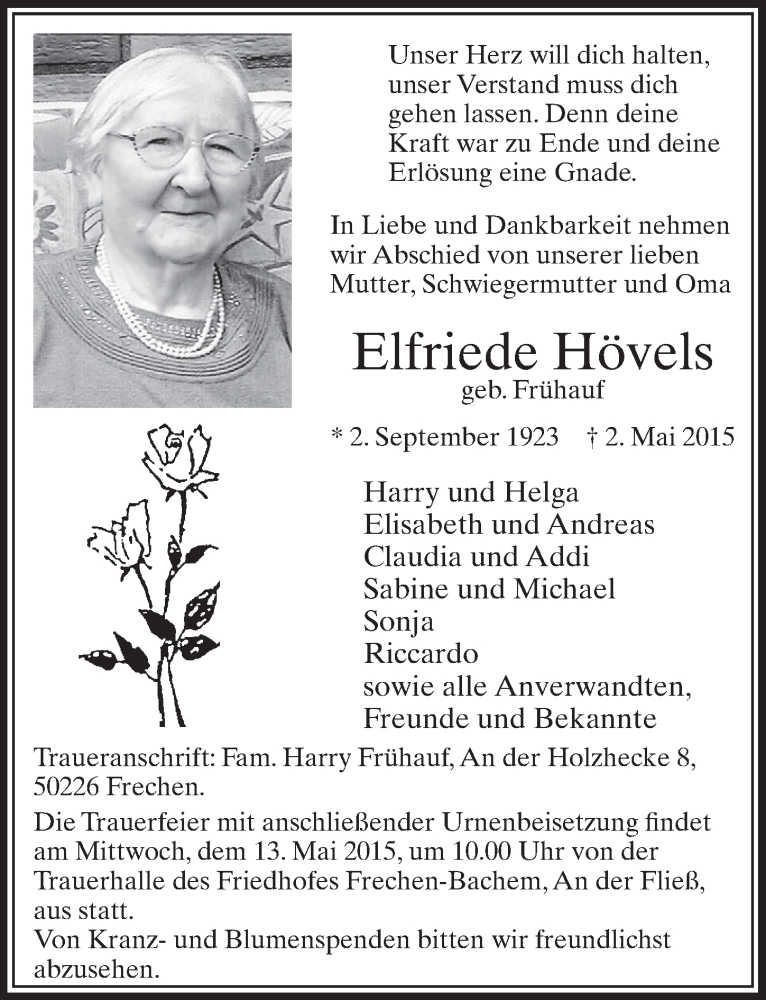  Traueranzeige für Elfriede Hvels vom 09.05.2015 aus  Sonntags-Post 