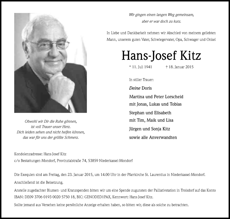  Traueranzeige für Hans-Josef Kitz vom 21.01.2015 aus Kölner Stadt-Anzeiger / Kölnische Rundschau / Express