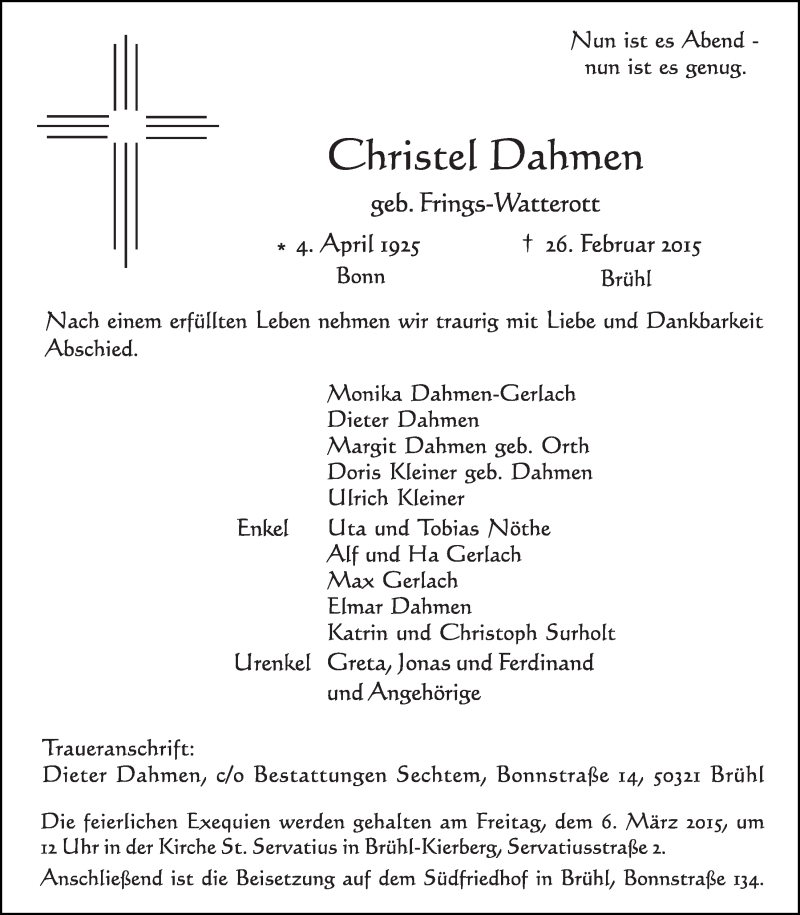  Traueranzeige für Christel Dahmen vom 04.03.2015 aus  Schlossbote/Werbekurier 