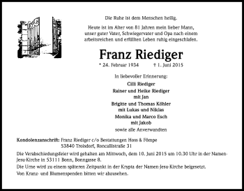 Anzeige von Franz Riediger von Kölner Stadt-Anzeiger / Kölnische Rundschau / Express