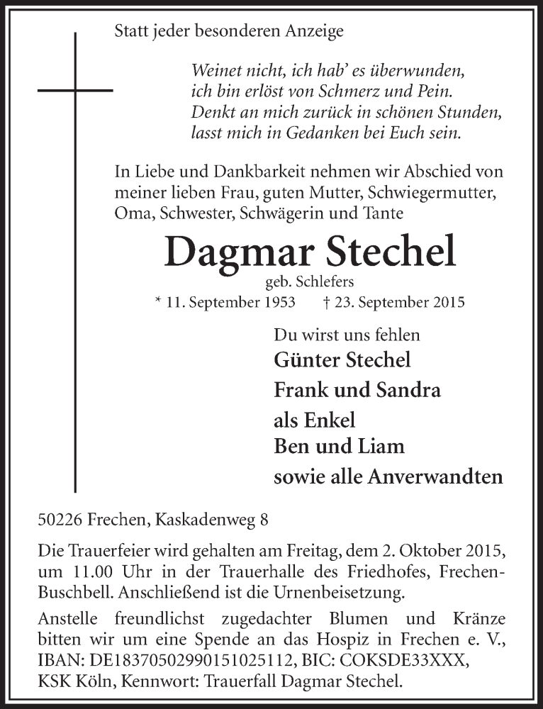  Traueranzeige für Dagmar Stechel vom 26.09.2015 aus  Sonntags-Post 
