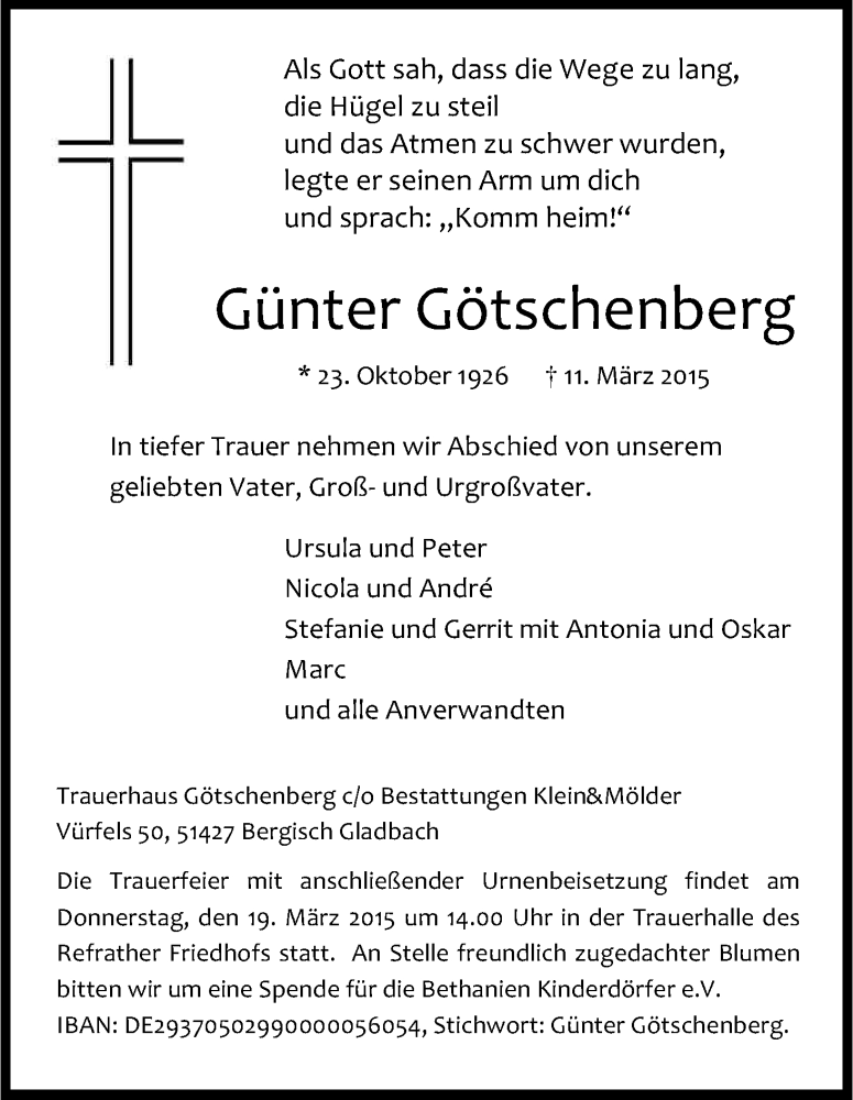  Traueranzeige für Günter Götschenberg vom 16.03.2015 aus Kölner Stadt-Anzeiger / Kölnische Rundschau / Express
