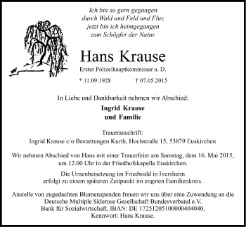 Anzeige von Hans Krause von Kölner Stadt-Anzeiger / Kölnische Rundschau / Express