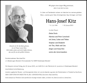 Anzeige von Hans-Josef Kitz von Kölner Stadt-Anzeiger / Kölnische Rundschau / Express