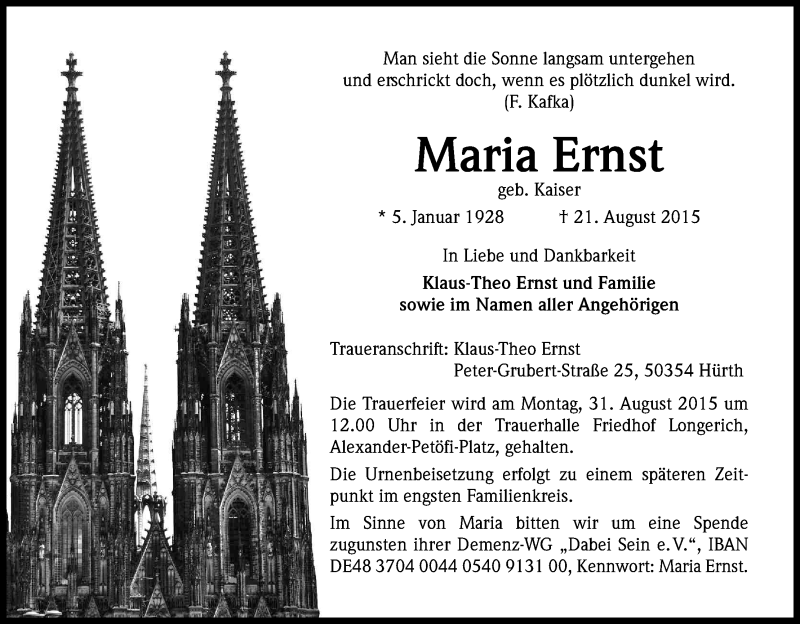  Traueranzeige für Maria Ernst vom 26.08.2015 aus Kölner Stadt-Anzeiger / Kölnische Rundschau / Express