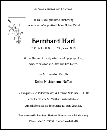 Anzeige von Bernhard Harf von Kölner Stadt-Anzeiger / Kölnische Rundschau / Express