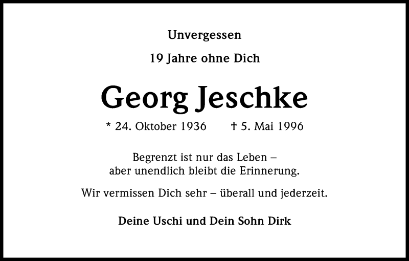  Traueranzeige für Georg Jeschke vom 05.05.2015 aus Kölner Stadt-Anzeiger / Kölnische Rundschau / Express