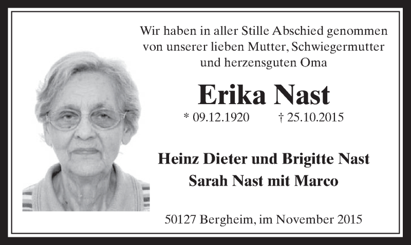  Traueranzeige für Erika Nast vom 04.11.2015 aus  Werbepost 