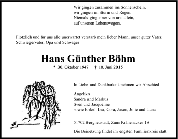 Anzeige von Hans Günther Böhm von Kölner Stadt-Anzeiger / Kölnische Rundschau / Express