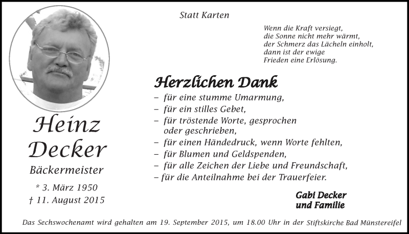  Traueranzeige für Heinz Decker vom 13.09.2015 aus  Blickpunkt Euskirchen 