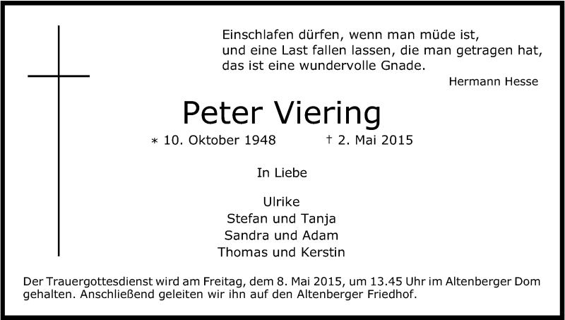  Traueranzeige für Peter Viering vom 06.05.2015 aus Kölner Stadt-Anzeiger / Kölnische Rundschau / Express